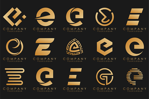 collection logos golden luxury with letters E. Geometrical abstract logos.