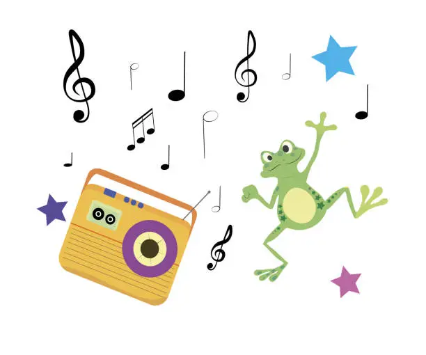 Vector illustration of A frog dancing to music played from an old tape recorder. Vector illustration.