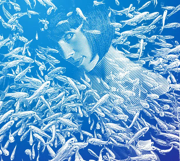 Vector illustration of Beautiful woman looking at pet fish in fish tank