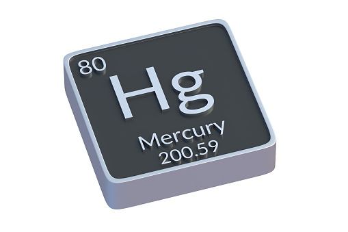 Mercury Hg chemical element of periodic table isolated on white background. Metallic symbol of chemistry element. 3d render