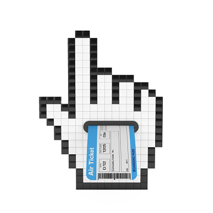 Pixel Hand Cursor Icon with Airline Boarding Pass Ticket on a white background. 3d Rendering