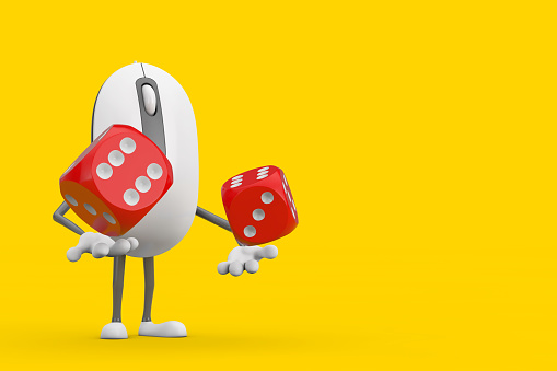 Computer Mouse Cartoon Person Character Mascot with Red Game Dice Cubes in Flight on a yellow background. 3d Rendering