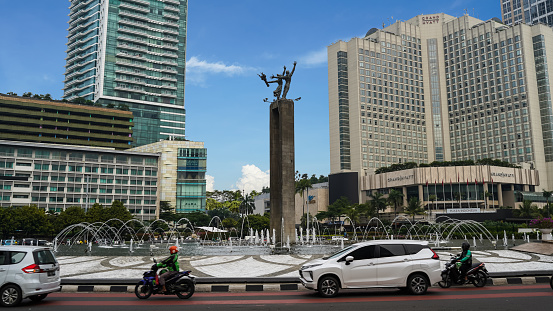 Jakarta, November 9, 2022: Welcoming Statue in Bundaran HI, A historic landmark in central Jakarta