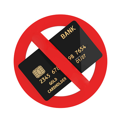 Black Plastic Golden Credit Card with Chip and Red Circle Prohibition Sign on a white background. 3d Rendering