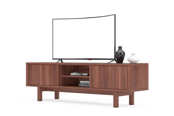 istock Modern Curved Led or LCD Smart TV Screen Mockup above Wooden Console Rack. 3d Rendering 1494588062
