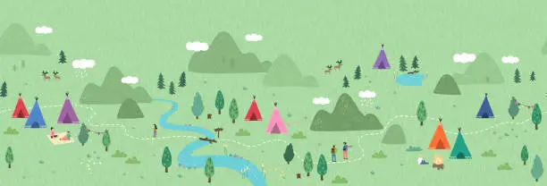 Vector illustration of Cute hand drawn vector seamless pattern with camping doodles, tents, landscape and trails, great for textiles, banners, wallpapers