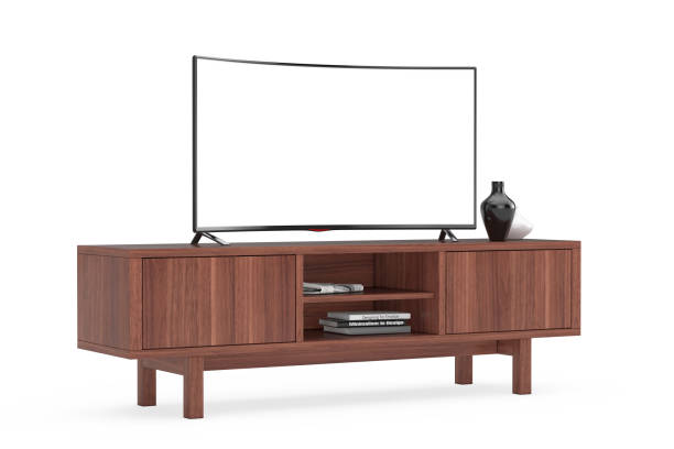 istock Modern Curved Led or LCD Smart TV Screen Mockup above Wooden Console Rack. 3d Rendering 1494588133