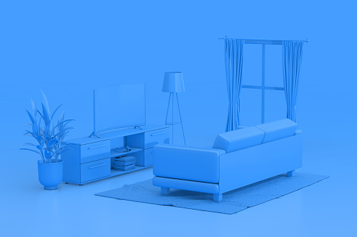 Blue Monochrome Duotone Room Modern Interior with Window, TV, Carpet and Sofa on a blue background. 3d Rendering