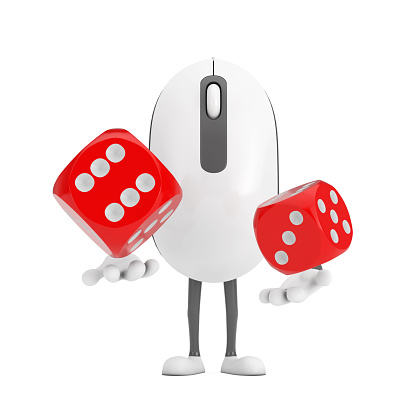 Computer Mouse Cartoon Person Character Mascot with Red Game Dice Cubes in Flight on a white background. 3d Rendering