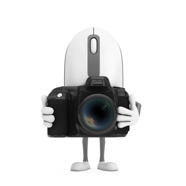 istock Computer Mouse Cartoon Person Character Mascot with Modern Digital Photo Camera. 3d Rendering 1494588256