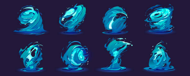 Cartoon sprite sheet of water tornado set Cartoon sprite sheet of water tornado animation set on dark background. Vector illustration of neon blue wind storm vortex, magic power vfx effect. Natural disaster design elements for game ui fx stock illustrations