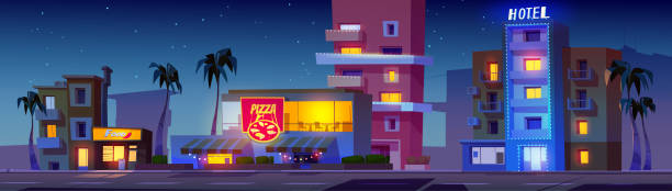 네온 불빛이 있는 마이애미 거리의 밤 건물 - tourist resort hotel silhouette night stock illustrations