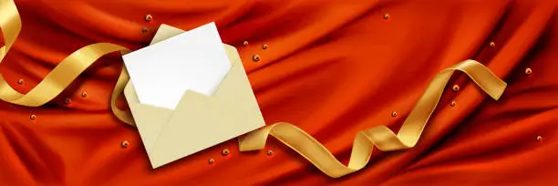Vector illustration of Mail with card or letter, gold ribbon, red silk