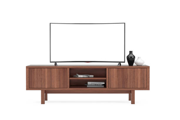 istock Modern Curved Led or LCD Smart TV Screen Mockup above Wooden Console Rack. 3d Rendering 1494589083