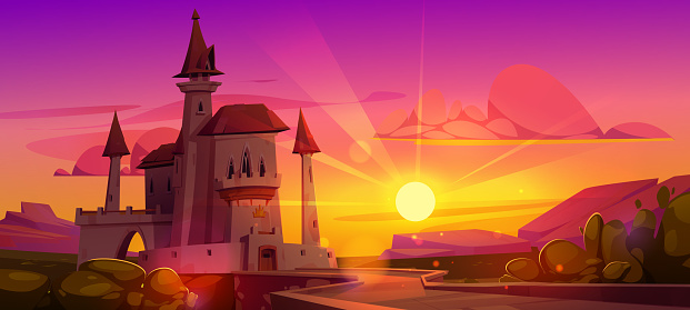 Medieval Europe tower castle with bridge on sunset cartoon background. France fortress construction for kingdom protection landscape illustration. Citadel fortification facade and skyline view