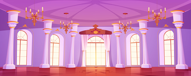 Palace room, royal castle ballroom. Luxury interior of medieval dance hall with windows, curtains, columns and gold chandeliers, vector cartoon illustration
