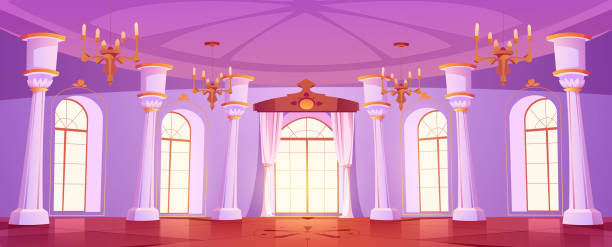 Palace room, royal castle ballroom interior Palace room, royal castle ballroom. Luxury interior of medieval dance hall with windows, curtains, columns and gold chandeliers, vector cartoon illustration cartoon palace stock illustrations
