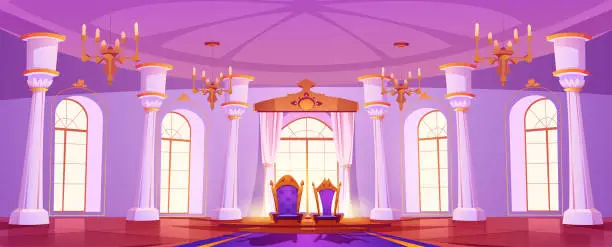 Vector illustration of Castle ballroom hall with throne interior cartoon