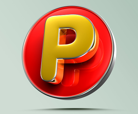 Letter P golden yellow in red circle 3D illustration on light gray background have work path. Advertising signs. Product design. Product sales. Product code.