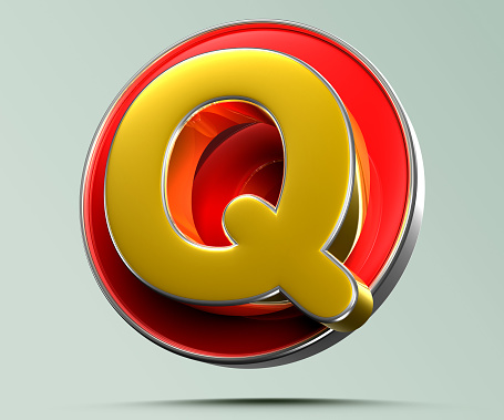 Letter Q golden yellow in red circle 3D illustration on light gray background have work path. Advertising signs. Product design. Product sales. Product code.