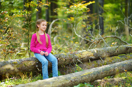 Cute little girl having fun during forest hike on beautiful summer day. Active family leisure with kids.