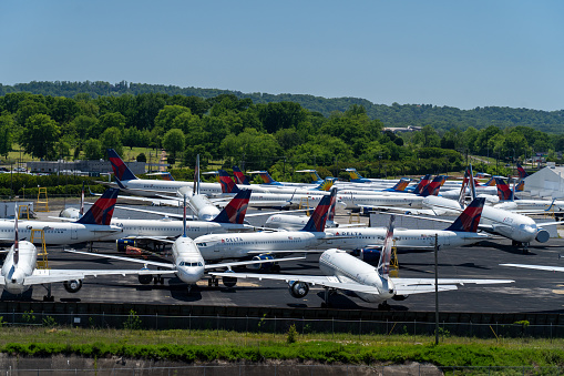 Delta Air Lines parks unused jets at Birmingham–Shuttlesworth International Airport during the COVID-19 crisis.