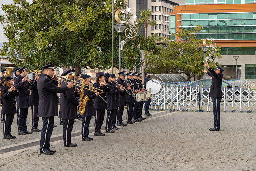 Izmir, Turkey - April 9, 2023: A picture of a marching band at the Konak Square.