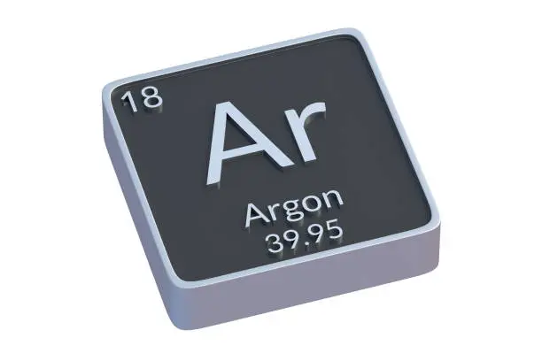 Argon Ar chemical element of periodic table isolated on white background. Metallic symbol of chemistry element. 3d render