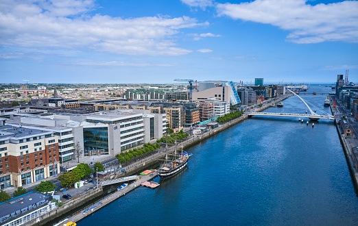 Samuel Becket Bridge in Dublin docks and international tech companies. View towards the sea
