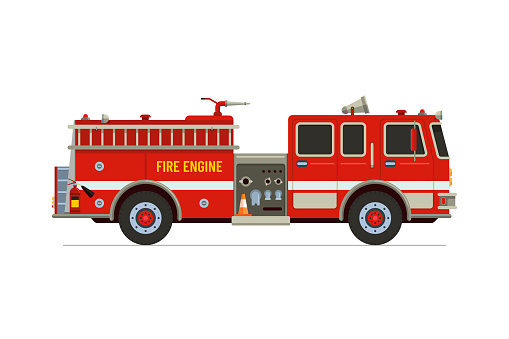 Fire engine truck front view. Firetruck car with Siren alarm and water tank. Firefighter red vehicle. Fireman emergency rescue transport. Firefighting lorry vector eps flat illustration
