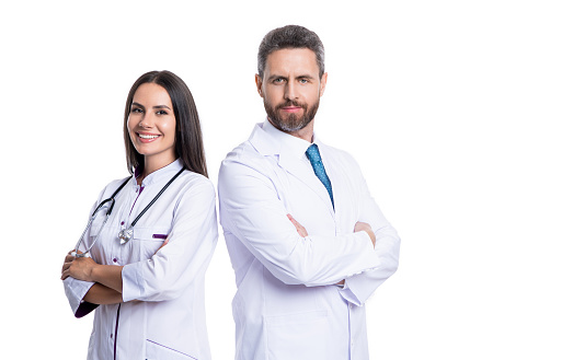 cardiologist doctor and nurse wear white coat, copy space. doctor cardiologist and nurse with stethoscope. cardiologist doctor and nurse isolated on white. cardiologist doctor and nurse in studio.