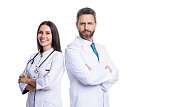 cardiologist doctor and nurse wear white coat, copy space. doctor cardiologist and nurse