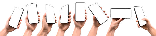 istock A set including hand holding a generic modern smartphone with a blank screen in various positions, comprising perspective, vertical, and horizontal versions 1494601297