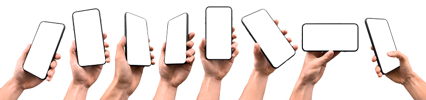 A set including hand holding a generic modern smartphone with a blank screen in various positions, comprising perspective, vertical, and horizontal versions