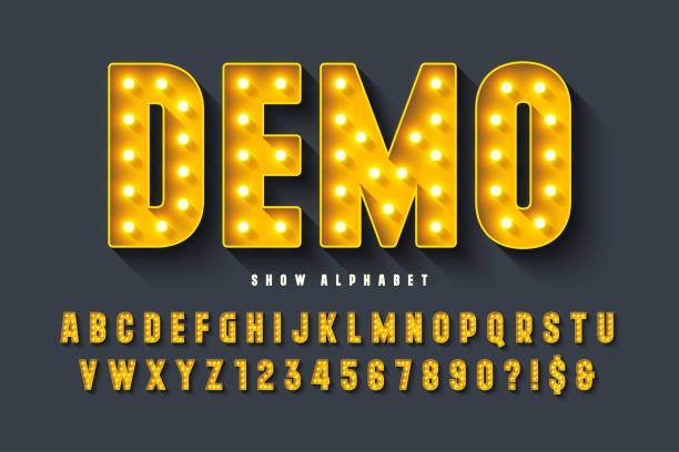 Retro cinema alphabet design, cabaret, LED lamps letters and numbers. Retro cinema alphabet design, cabaret, LED lamps letters and numbers. Original design alphabet stock illustrations