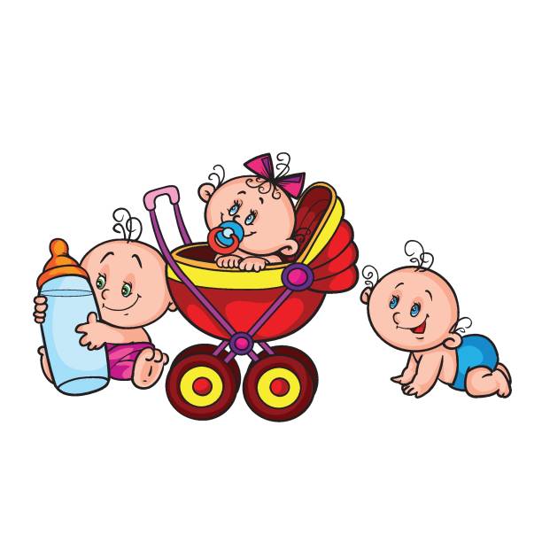 漫画のイラスト、3人の赤ちゃん、1人は這う、2人目は大きな牛乳瓶、3人目はベビーカーに座っている、白い背景に隔離されたオブジェクト、獣医、 ベクターアートイラスト