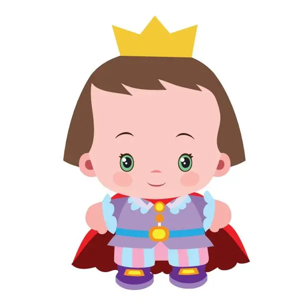 Vector illustration of cartoon illustration, sweet prince with a big head with a crown on his head and in a cloak, isolated object on a white background, vetor,