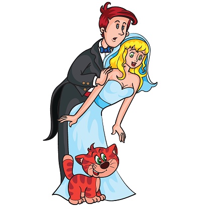 cartoon illustration, newlyweds bride and groom and their red cat, isolated object on a white background, vetor,