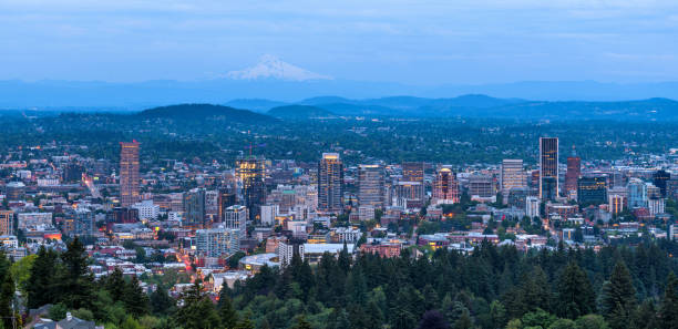Portland Oregon - A panoramic overview of downtown Portland on a stormy Spring evening. Oregon, USA. stock photo