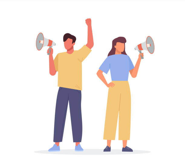 A young man and woman shouting on a megaphone. Male and female activist on protest A young man and woman shouting on a megaphone. Male and female activist on protest. Vector character illustration in flat style climate protest stock illustrations