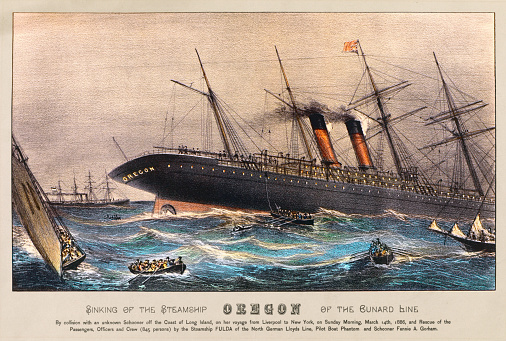 Vintage image depicts the SS Oregon, a British passenger steamship of the Cunard Line, sinking near Long Island, New York, in March 1886 after colliding with the schooner Charles R. Morse. The collision caused the Oregon to flood rapidly, resulting in the loss of around 198 lives. This incident emphasized the necessity for enhanced safety regulations and navigation practices, leading to heightened scrutiny of the Cunard Line.