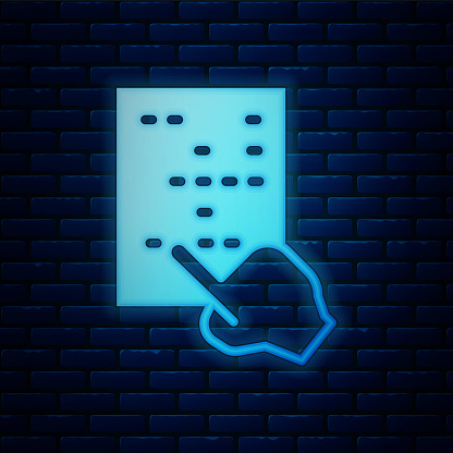 Glowing neon Braille icon isolated on brick wall background. Finger drives on points. Writing signs system for blind or visually impaired people. Vector.