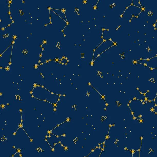 Vector illustration of Seamless pattern with yellow zodiac constellations and signs on a dark blue background. Vector illustration in flat style