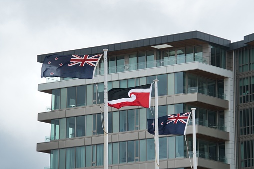 The flag of the Maori between the flag of New Zealand near a modern building