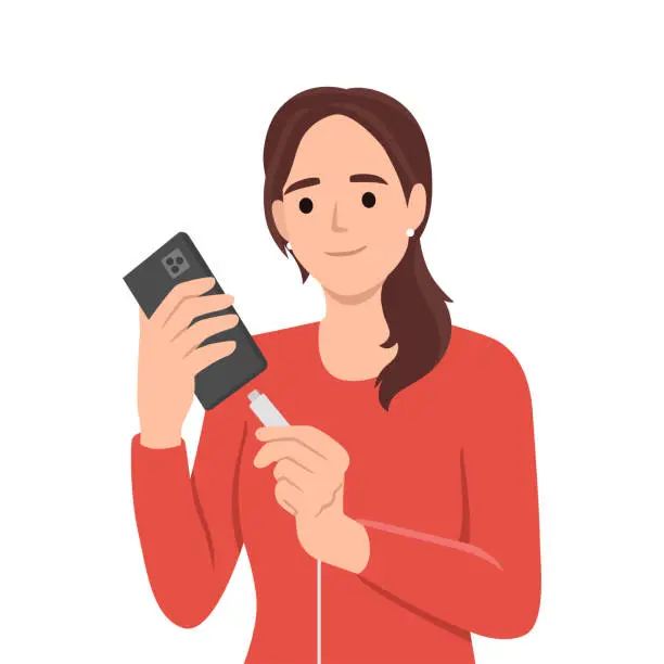Vector illustration of Woman holding smartphone uses cable to charge battery after seeing red indicator of dead accumulator. Girl with mobile phone connects type-c or usb mini wire for fast battery charging