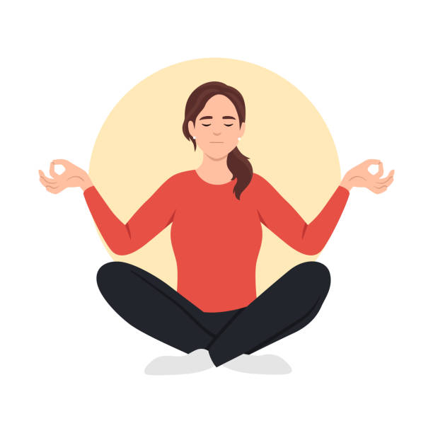 женщина, практикующая медитацию осознанности, сидит в позе лотоса и окружена концепциями здоровья и хорошего самочувствия - yoga women emotional stress praying stock illustrations
