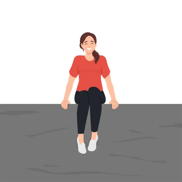 Vector illustration of Young happy woman sitting alone on a ledge or edge of wall or cliff.