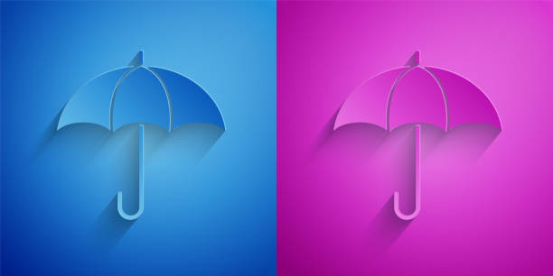 Paper cut Umbrella icon isolated on blue and purple background. Insurance concept. Waterproof icon. Protection, safety, security concept. Paper art style. Vector Paper cut Umbrella icon isolated on blue and purple background. Insurance concept. Waterproof icon. Protection, safety, security concept. Paper art style. Vector. cutter insect repellant stock illustrations