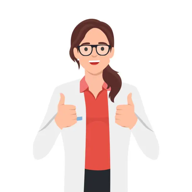 Vector illustration of Beautiful girl doctor in a medical coat shows gesture thumbs up two hands