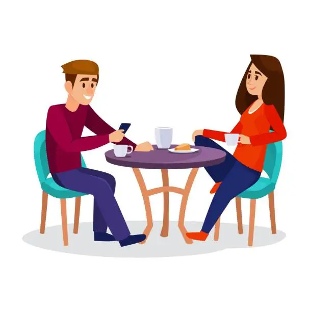Vector illustration of A young couple sitting behind a table in a cafe isolated on white background